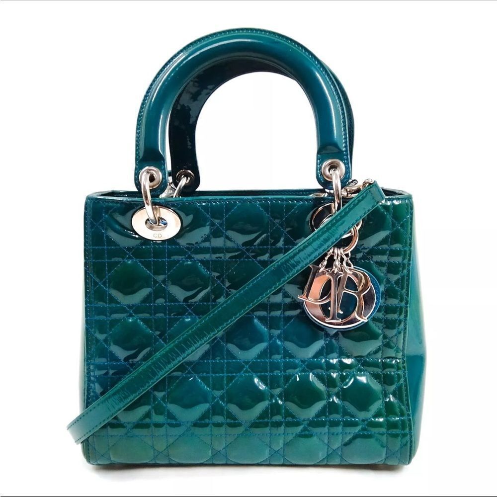 Auth Christian Dior Pine Green Cannage Patent Leather 2way Lady Dior Tote Bag Ex